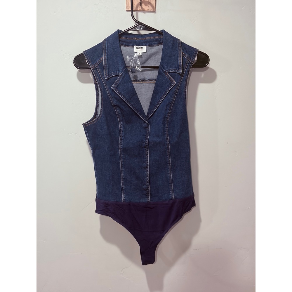 Lane 201 Womens Dark Wash Denim Sleeveless Button Down Bodysuit Small ST9173
